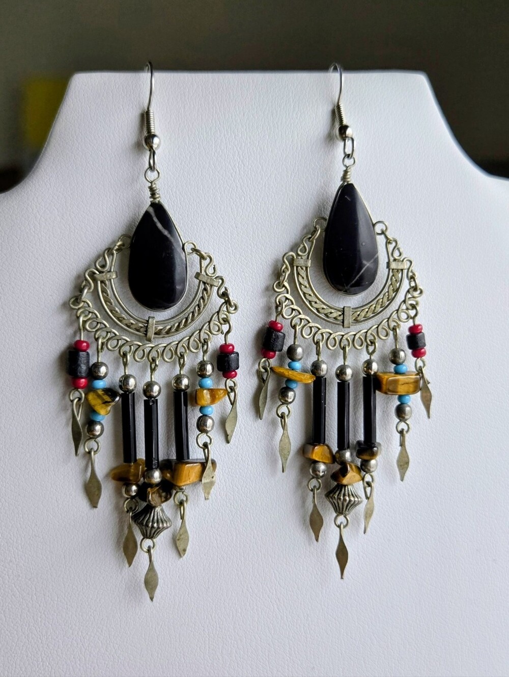 Boho silver Tone  Black Stone Teardrop Filigree Dangle Earrings Multicolor Beads